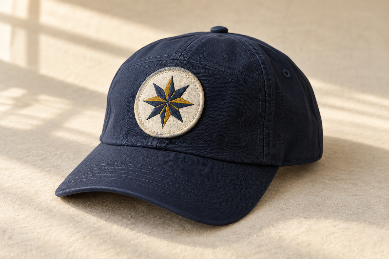 Illustrative navy cap with a separate embroidered patch and visible border